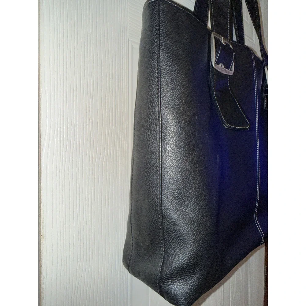 Solo Black Faux Leather Laptop Tote Bag Large Buckle Detail Blue Interior
